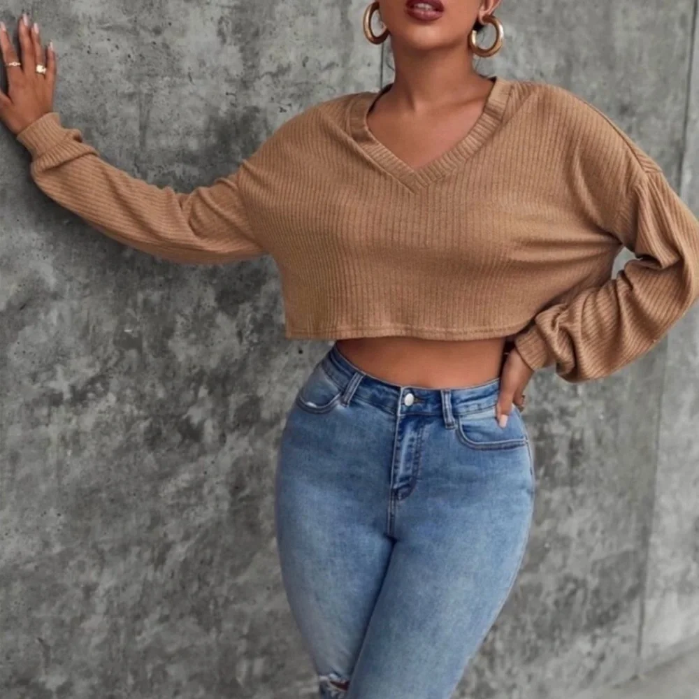 Cropped Tan Ribbed Knit Sweater - Picture 2 of 7